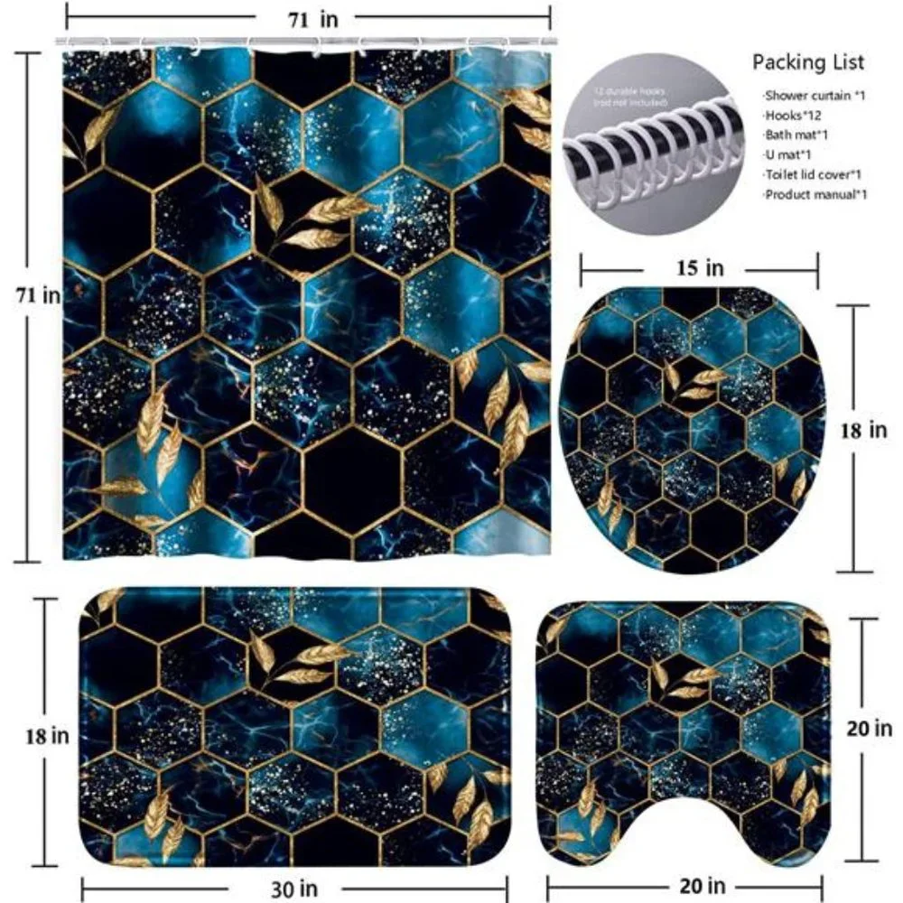 4 Pcs Bathroom Shower Curtain Set,Bathroom Sets with Rugs (Bath Mat,U Shape)